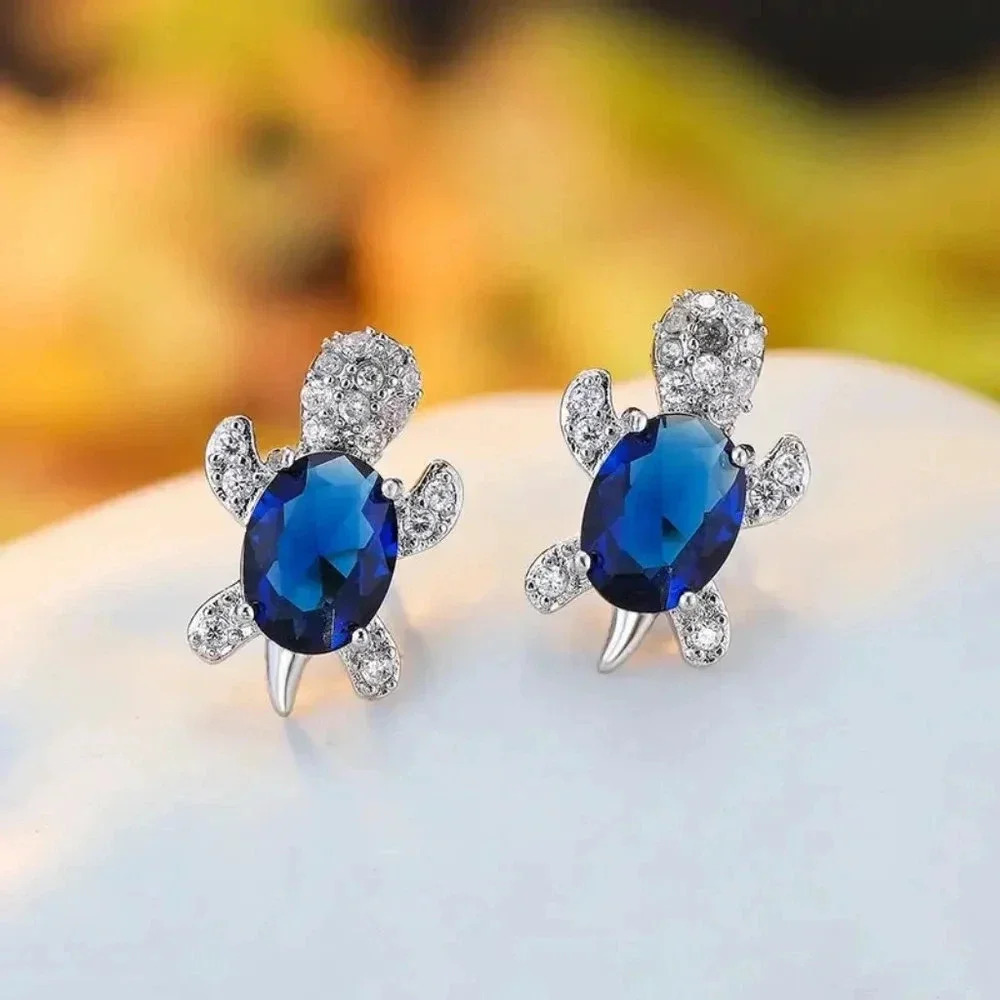 Colorful Blue Turtle Design Stud Earrings with sparkly Rhinestones